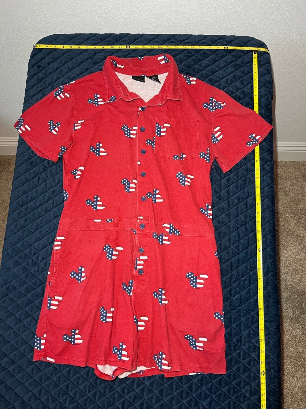 Disney Red Short-Sleeve Button Romper with Patriotic Mickey/ Minnie Print